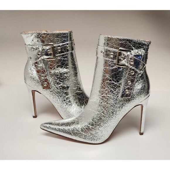 CHASE AND CHLOE Adonis-3 Buckle Pointed Toe Bootie Metallic Silver Size US 6.5 - Picture 3 of 12